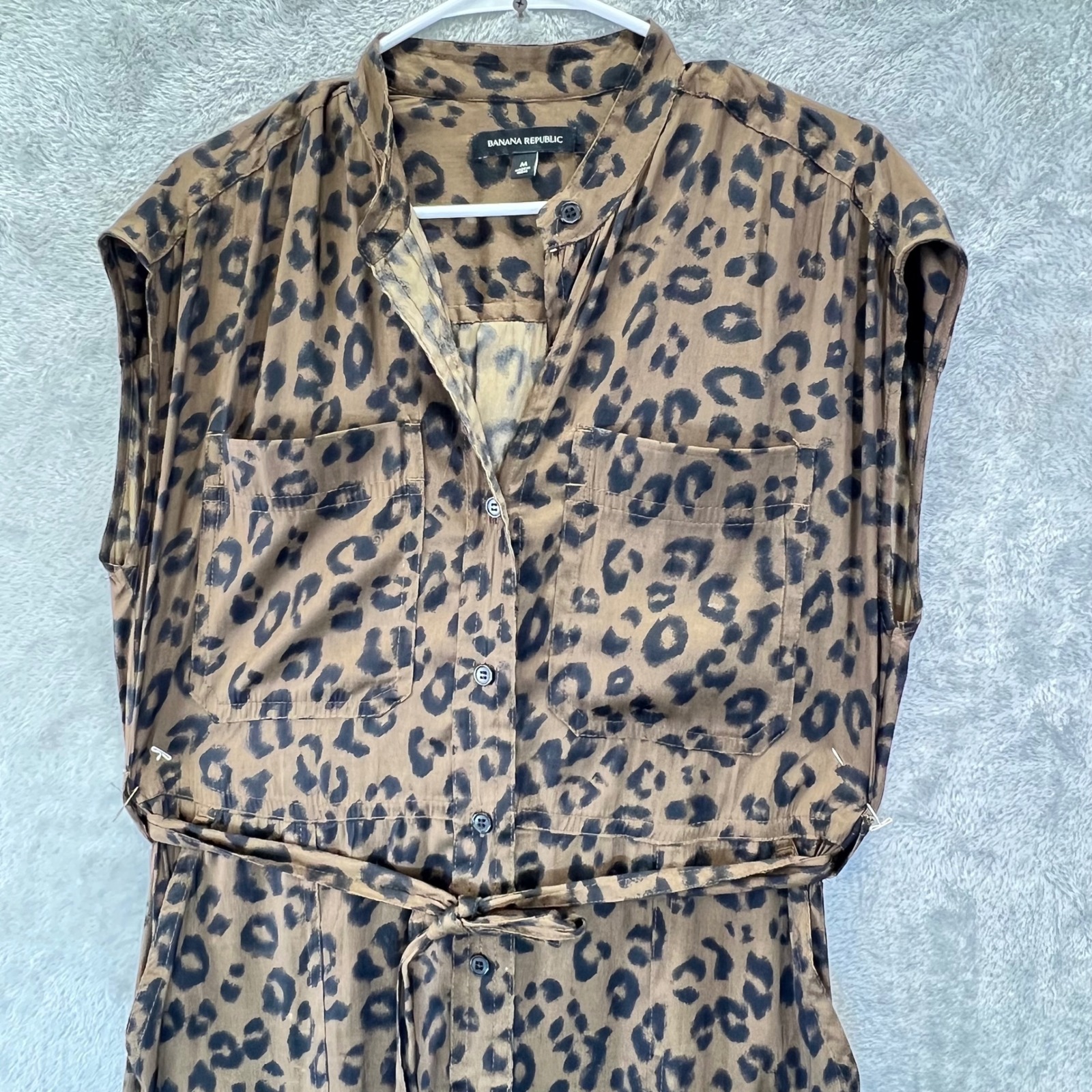 Banana Republic Leopard Print Maxi Shirt Dress Brown Cap Sleeve Belted Size M